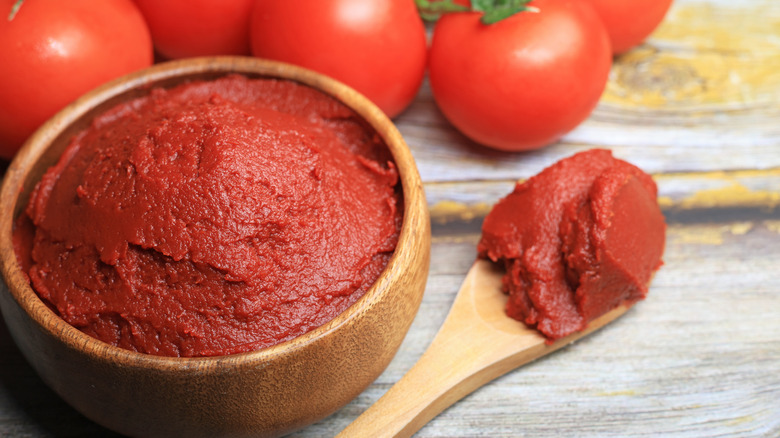 tomato paste in bowl and on spoon