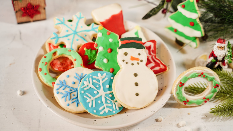 Holiday decorated sugar cookies in a dish