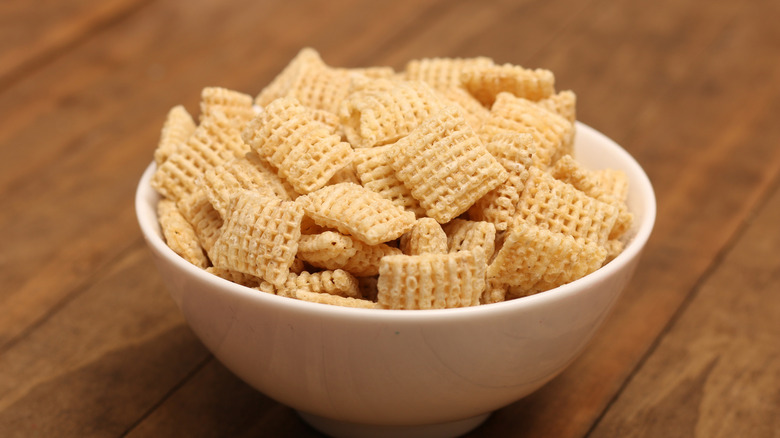rice squares cereal spilling on bench