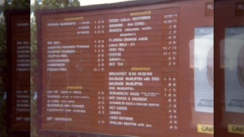 A 1980s drive-thru menu at McDonald's showing the breakfast menu available from 6:30 to 10:30 a.m.