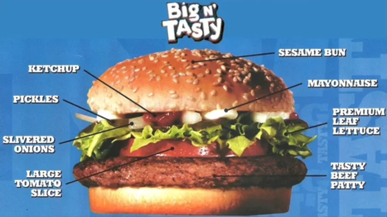 A diagram of the McDonald's Big N' Tasty pointing out the features such as a sesame seed bun, ketchup, tasty beef patty, and more