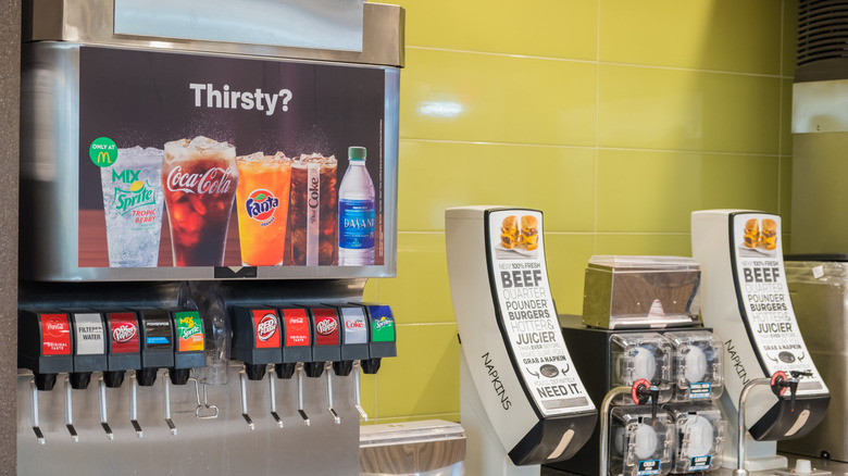 soda fountain and napkins area at McDonald's restaurant