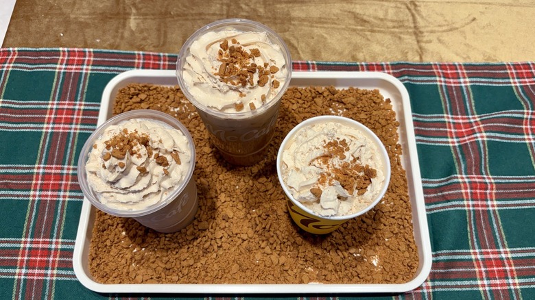 Overhead view of three McDonald's cookie butter coffee drinks