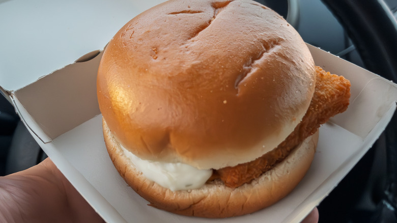 Close-up of a Filet-O-Fish from McDonald's, in its cardboard box package