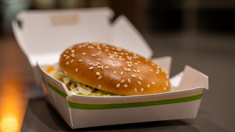 McDonald's hamburger in paper tray