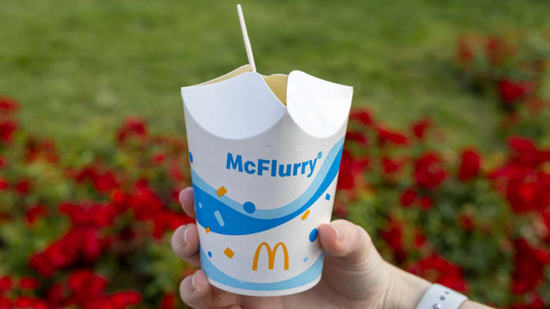 Person holding McFlurry outside in front of red plants.