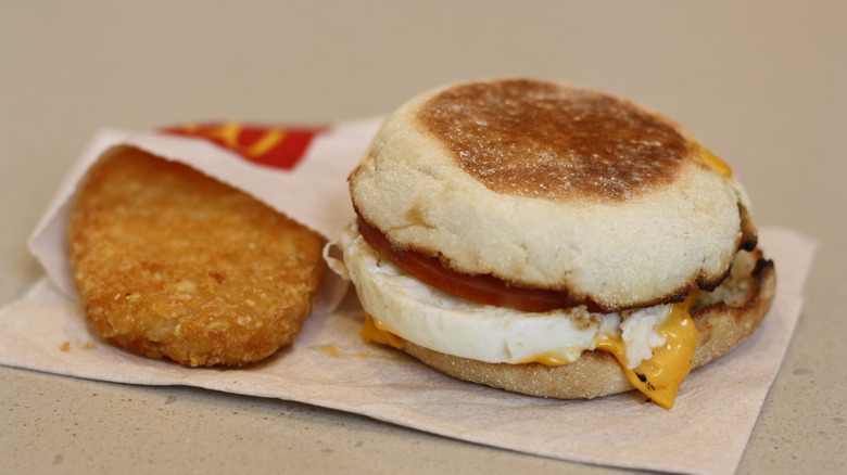 A McDonald's Egg McMuffin paired with a hashbrown