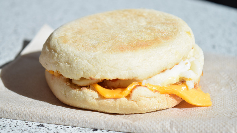 A McDonald's Egg McMuffin on a napkin