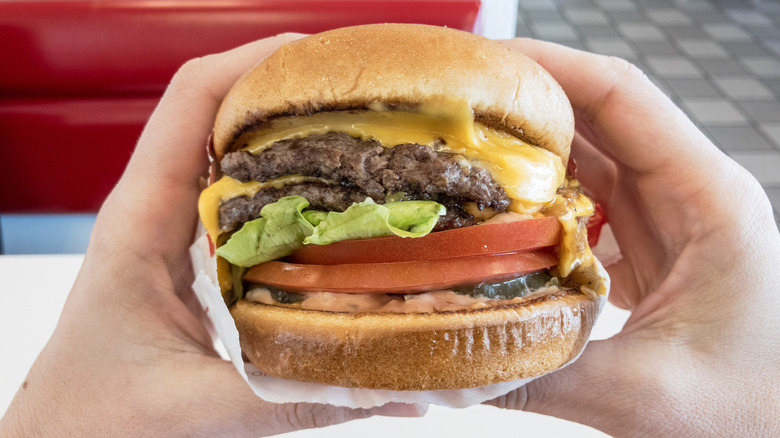 close-up of a double double animal style burger from In-N-Out