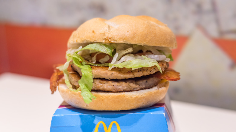 A close-up of a DeLuxe Double Pork Kaiser Roll from McDonald's Poland.