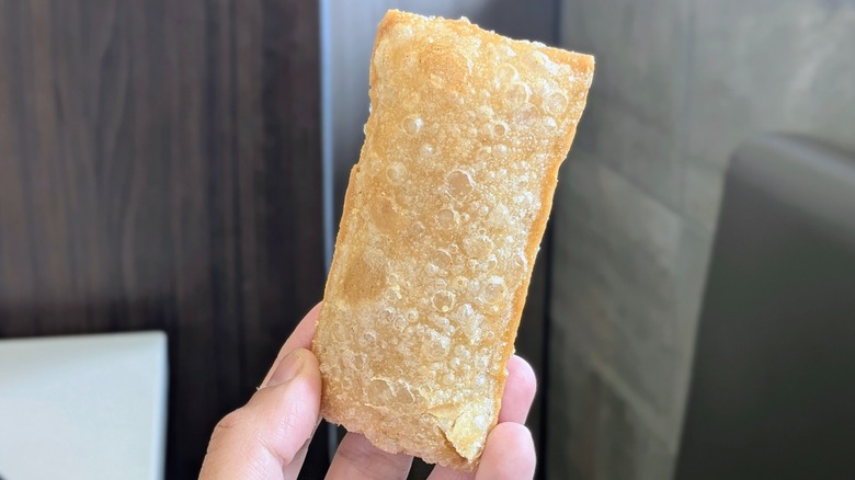 A hand holding a McDonald's Fried Apple Pie with a bubbly crust