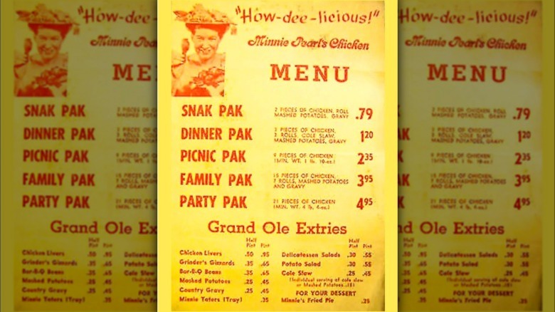 A menu for Minnie Pearl's with writing that says "How-dee-licious!"