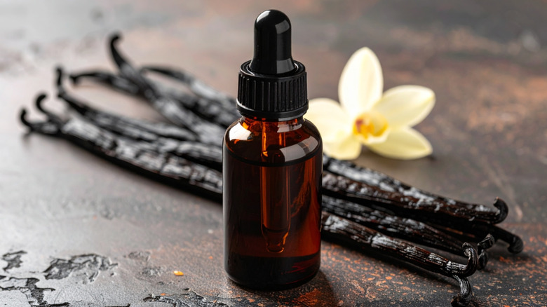 Vanilla extract in dropper bottle next to vanilla beans and flower