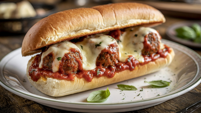 A meatball sub on a plate with small basil leaves in front of it