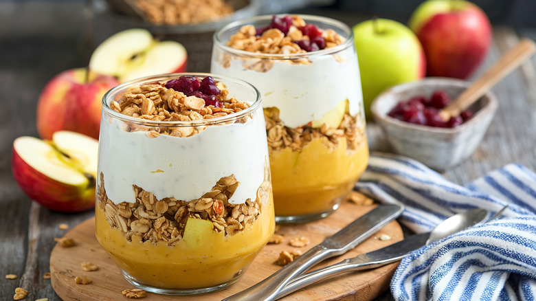 layered yogurt parfait in glass