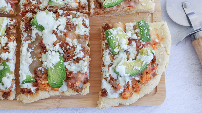 Mexican breakfast pizza on tray 