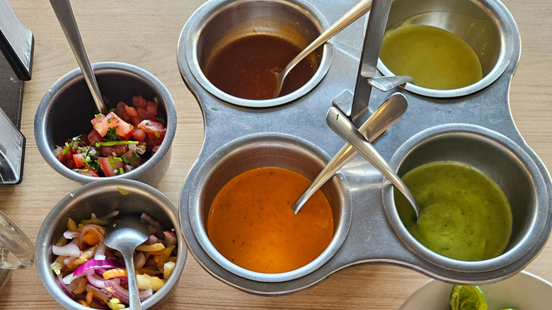 Authentic salsas on a table at a Mexican restaurant
