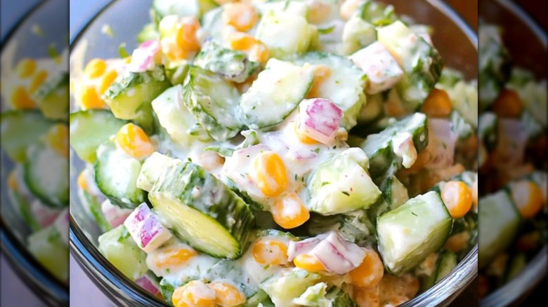 Close-up of bowl of cucumber salad