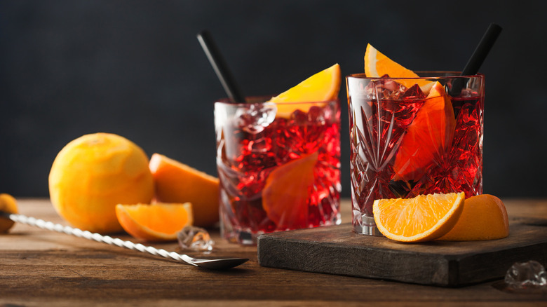 Two Negroni cocktails in crystal glasses