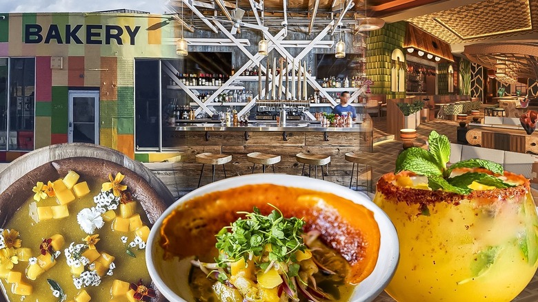 various mango dishes with Miami restaurants in background