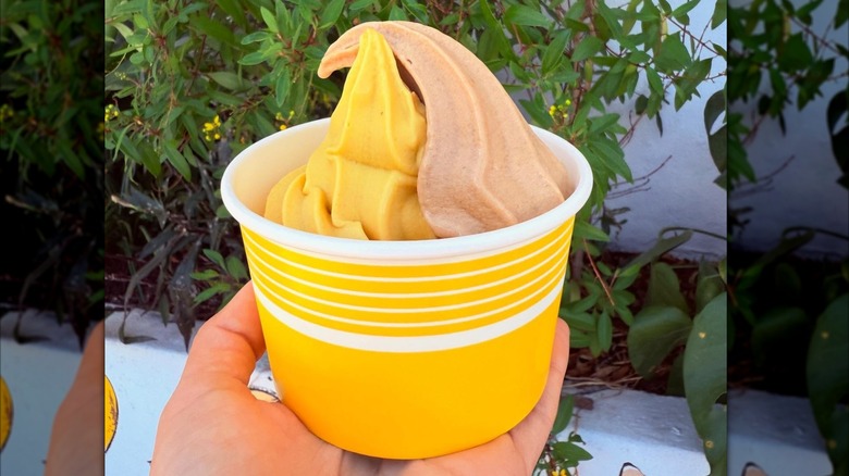 hand holding cup of mango and chai soft serve from Peel
