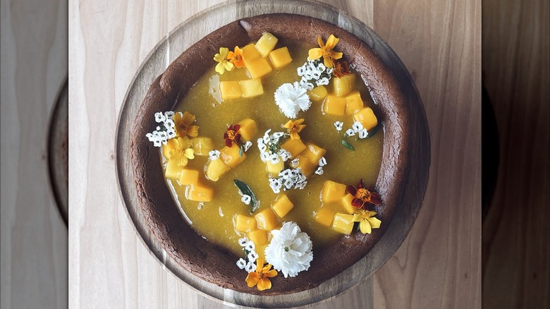 aerial picture of mango Basque cheesecake from Zak The Baker