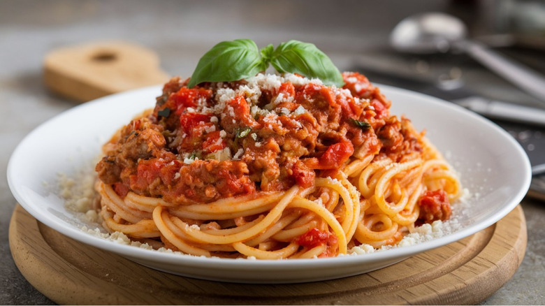 A white bowl with spaghetti bolognese inside, topped with some shredded cheese.