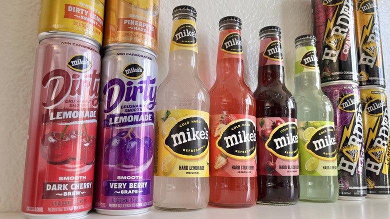 Close-up view of Mike's Hard Lemonade drinks lined up and stacked