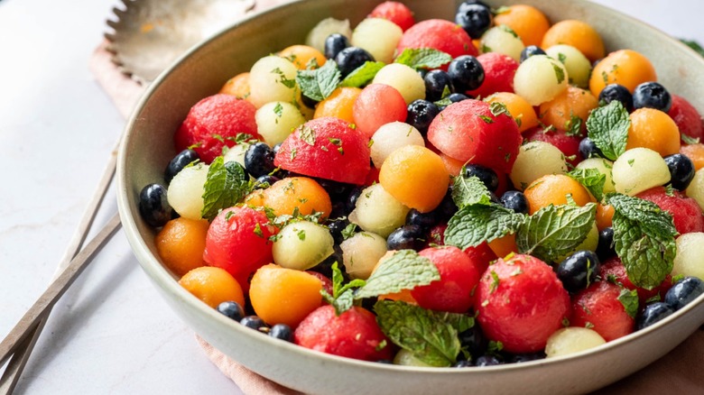 fruit salad in white bowl