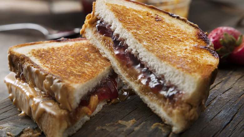 Sliced peanut butter and jelly sandwich