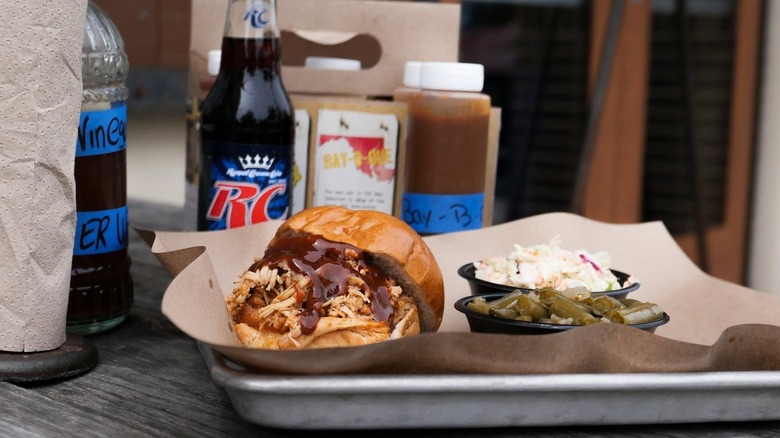 Mission BBQ sandwich meal with sides on tray
