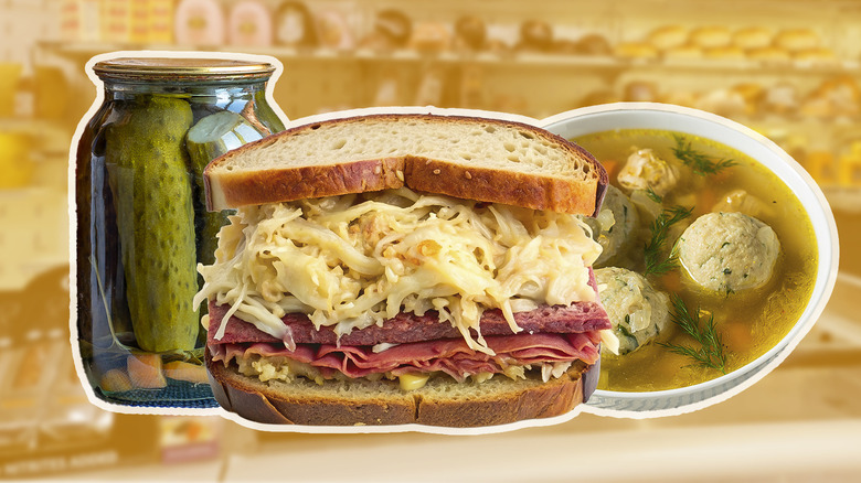 Jewish deli sandwich, jar of pickles, and bowl of matzo ball soup on a yellow-filtered Jewish deli background