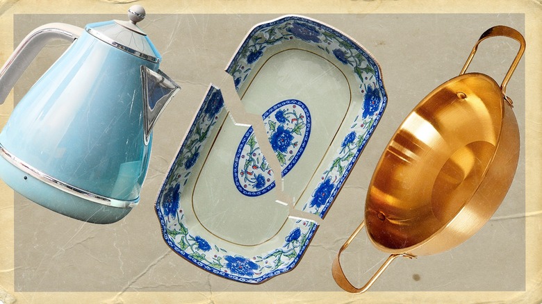 composite image of a vintage electric kettle, a broken porcelain platter, and a shiny copper pan, all on a matte background made to resemble a vintage photograph with a discolored white border