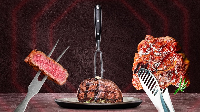three steaks on a black background