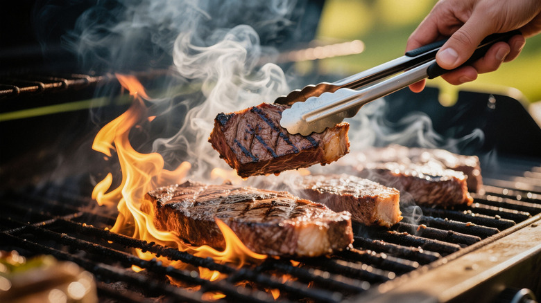 Tongs holding steak over fiery grill