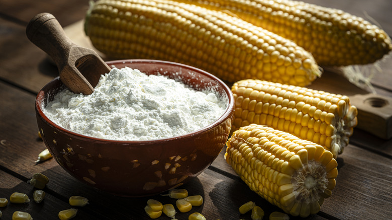 Bowl of corn starch with ears of corn