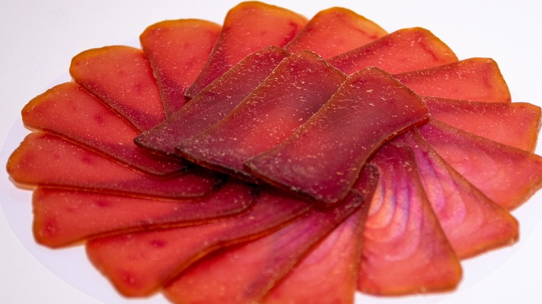 Fanned out slices of Spanish salt-cured tuna called mojama
