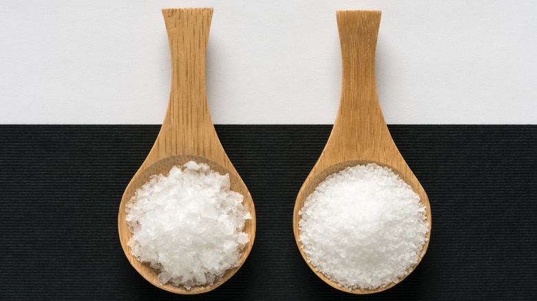 Two wooden spoons of different salt