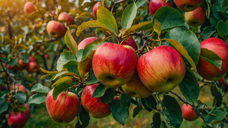 Large red apples hanging from the tree