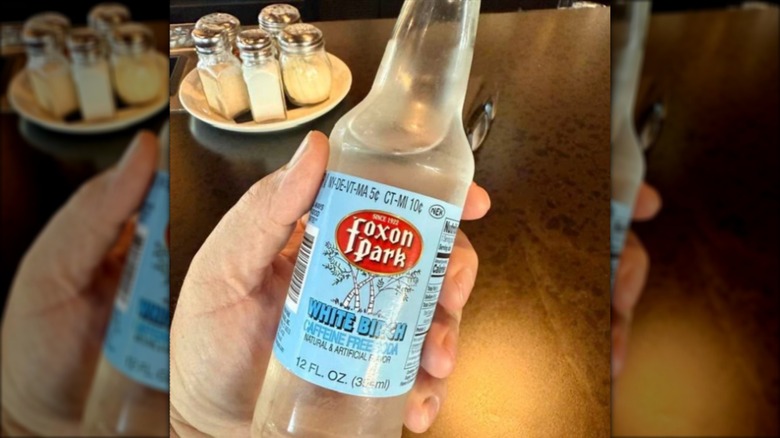 Hand holding a bottle of white birch Foxon Park soda