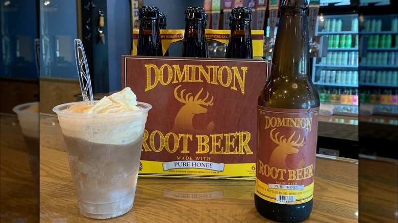 Six-pack and bottle of Dominion root beer with a root beer float