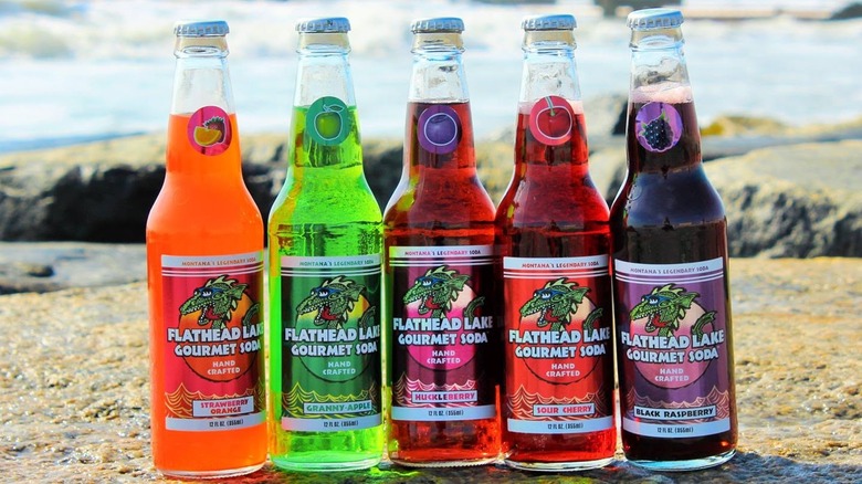 Five bottles of assorted Flathead Lake sodas on rocks