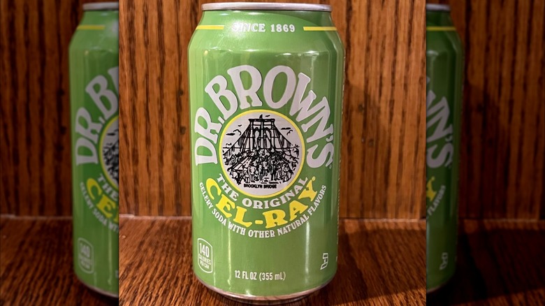 Can of Dr. Brown's Cel-Ray soda on a wooden shelf