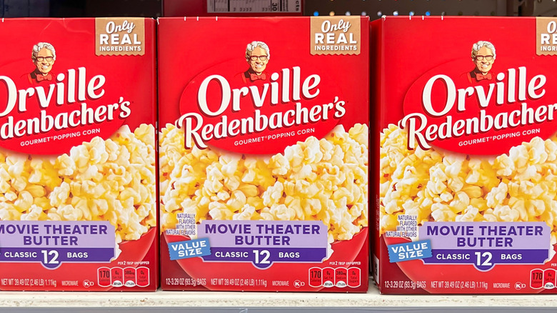 Boxes of Orville Redenbacher's popcorn on store shelf