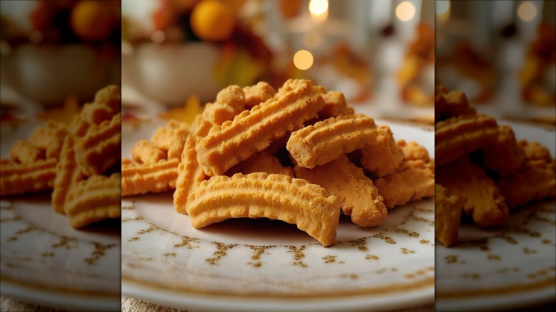 Mississippi cheese straws on white and gold plate
