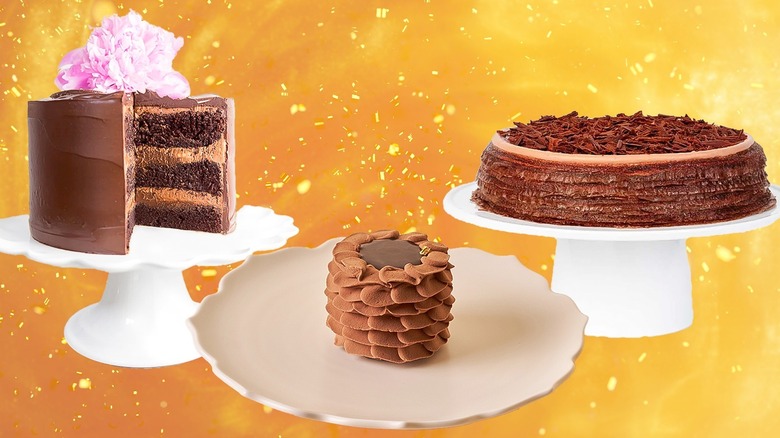 Composite image of three different chocolate cakes on cake stands
