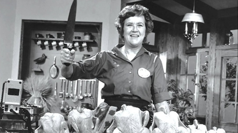Julia Child in the kitchen on the set of The French Chef