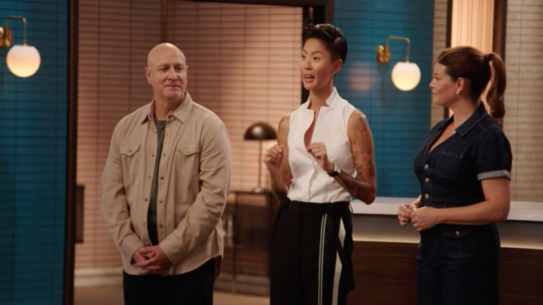 Top Chef judges Kristen Kish, Tom Colicchio, and Gail Simmons on the set of Top Chef