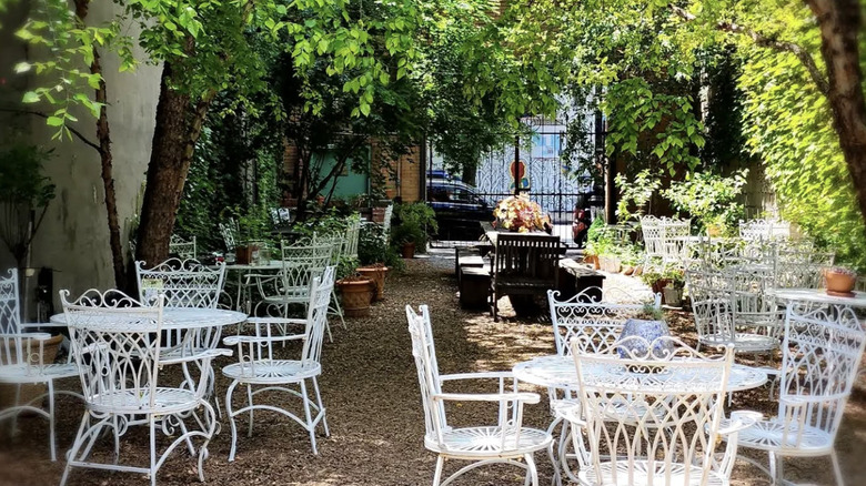 An outdoor courtyard with greenery and white tables