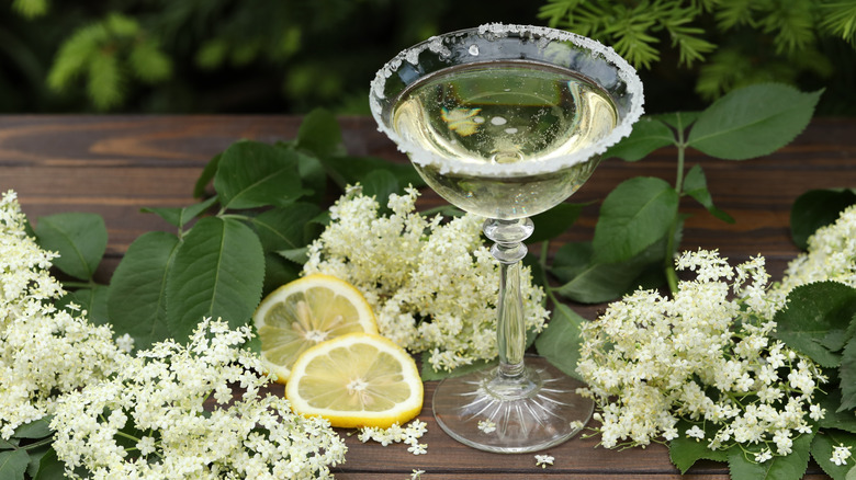 Glass of champagne on a wooden table surrounded by elderflowers and lemon slices